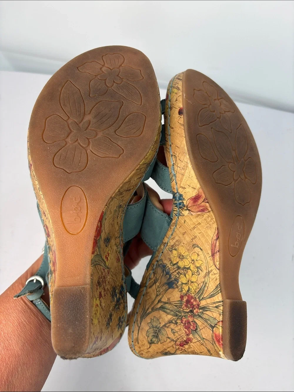 🫒 boc Teal Open-Toe Slingback Wedge Sandals with Floral Cork Heel